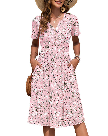 AUSELILY Women's Short Sleeve Summer Dress Knee Length Pockets | V Neck, Empire Casual Style, Button Down Dresses
