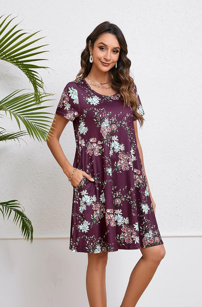 Enmain T-shirt Dress Women Short Sleeve Tunic Dress Summer with Pockets Casual Boho Knee Length Dresses for Women