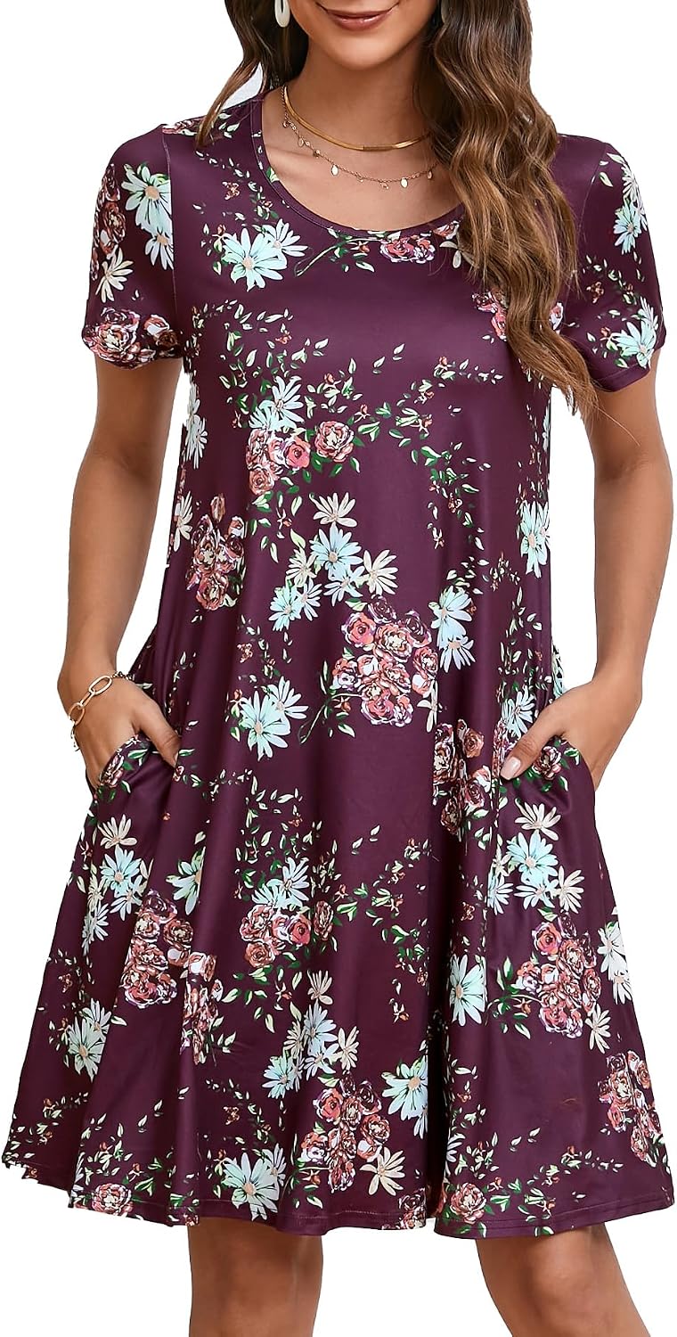 Enmain T-shirt Dress Women Short Sleeve Tunic Dress Summer with Pockets Casual Boho Knee Length Dresses for Women