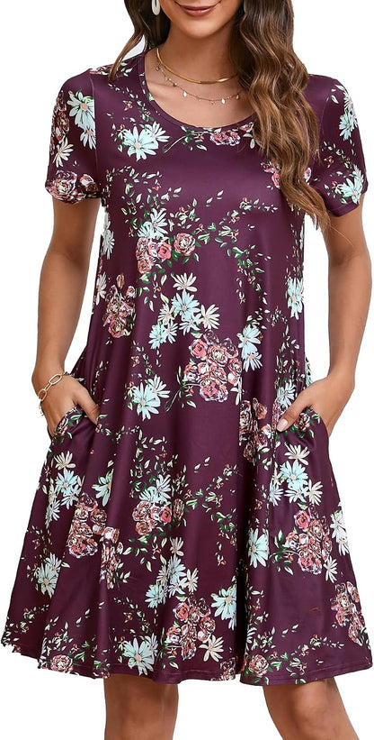 Enmain T-shirt Dress Women Short Sleeve Tunic Dress Summer with Pockets Casual Boho Knee Length Dresses for Women