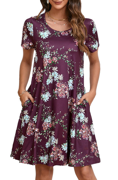 Enmain T-shirt Dress Women Short Sleeve Tunic Dress Summer with Pockets Casual Boho Knee Length Dresses for Women