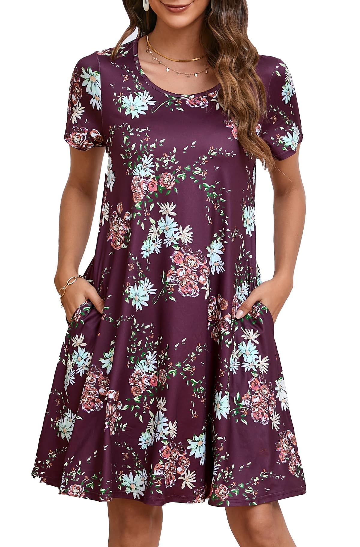 Enmain T-shirt Dress Women Short Sleeve Tunic Dress Summer with Pockets Casual Boho Knee Length Dresses for Women