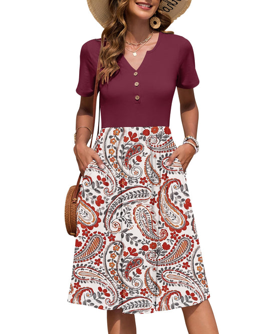 AUSELILY Women's Short Sleeve Summer Dress Knee Length Pockets | V Neck, Empire Casual Style, Button Down Dresses