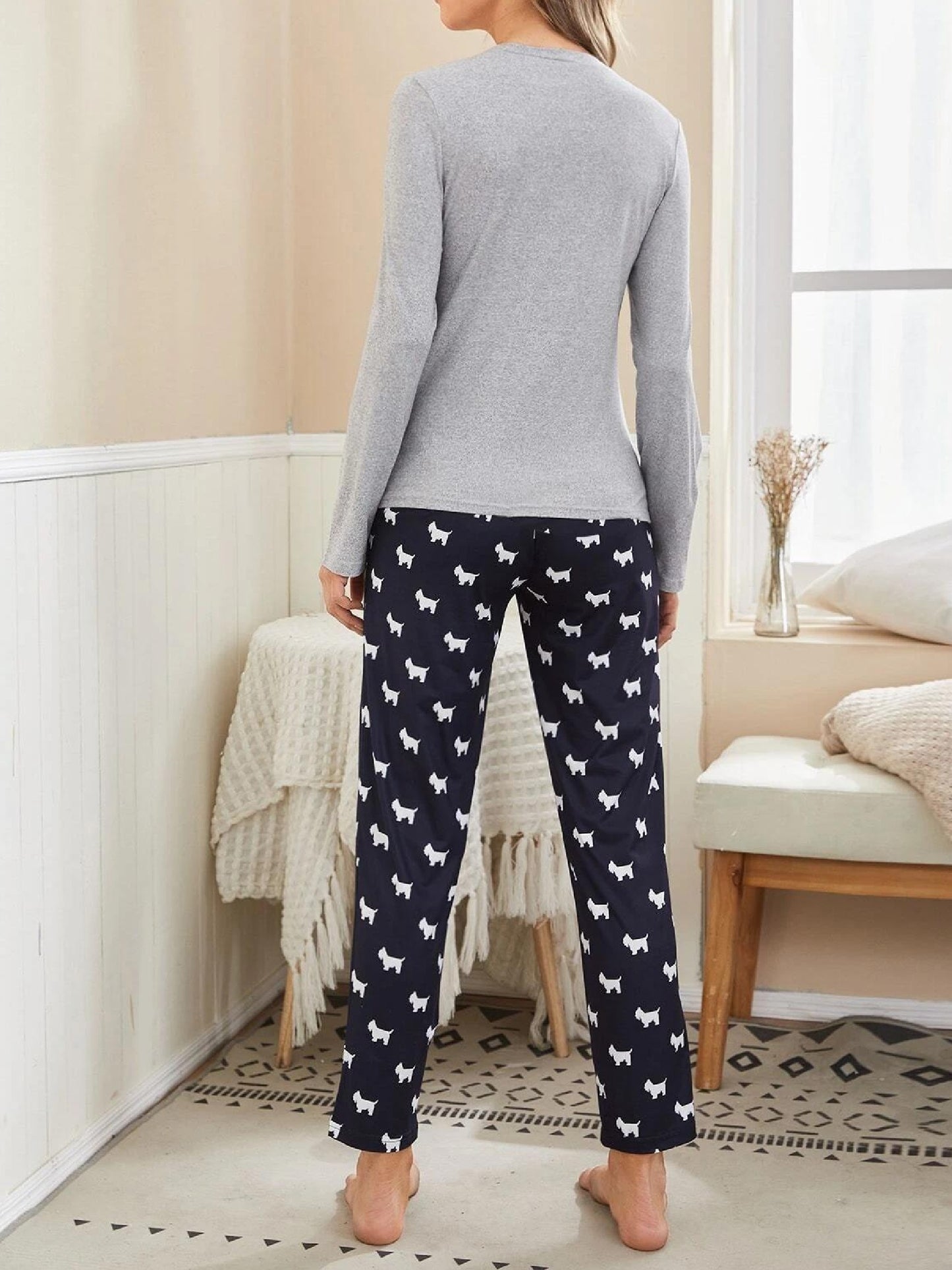 Pijama con estampado de perro, camiseta de manga larga con cuello redondo y pantalones con cintura elástica