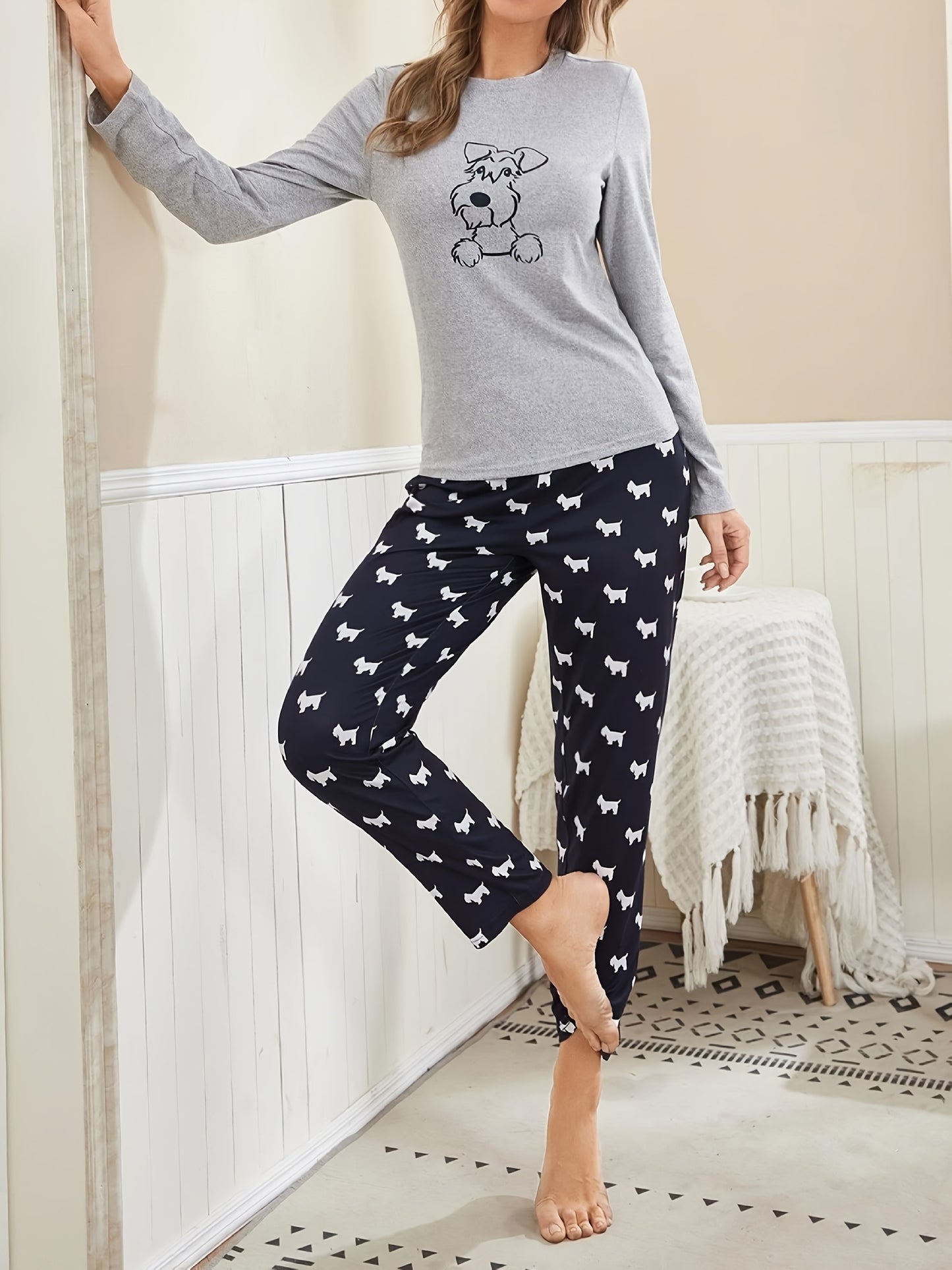 Pijama con estampado de perro, camiseta de manga larga con cuello redondo y pantalones con cintura elástica