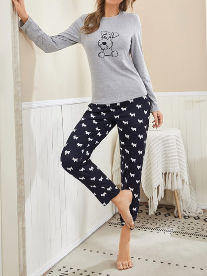 Pijama con estampado de perro, camiseta de manga larga con cuello redondo y pantalones con cintura elástica