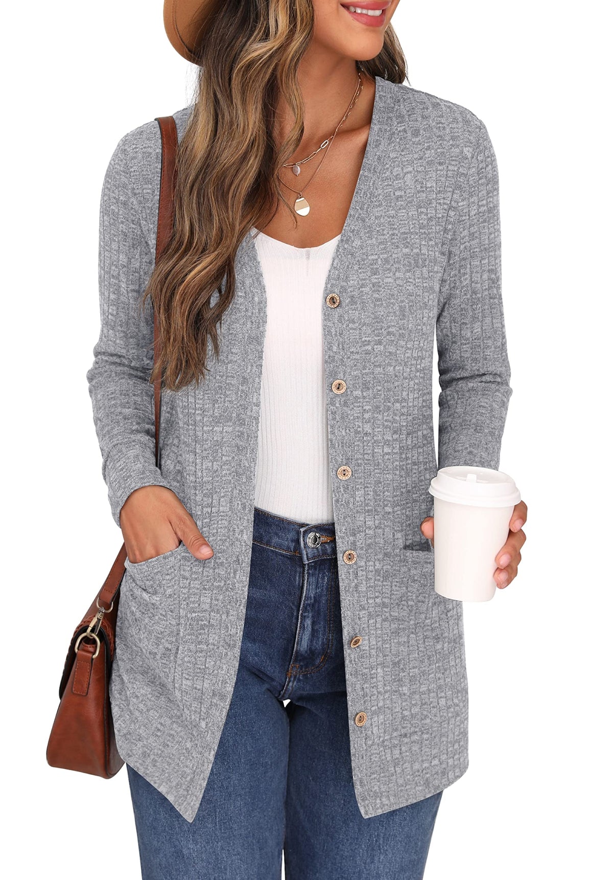 GRECERELLE Cardigã mulher elegante casaco de malha manga comprida decote em V bolsos botões estilo comprido