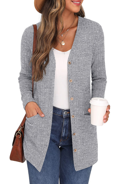 GRECERELLE Cardigã mulher elegante casaco de malha manga comprida decote em V bolsos botões estilo comprido