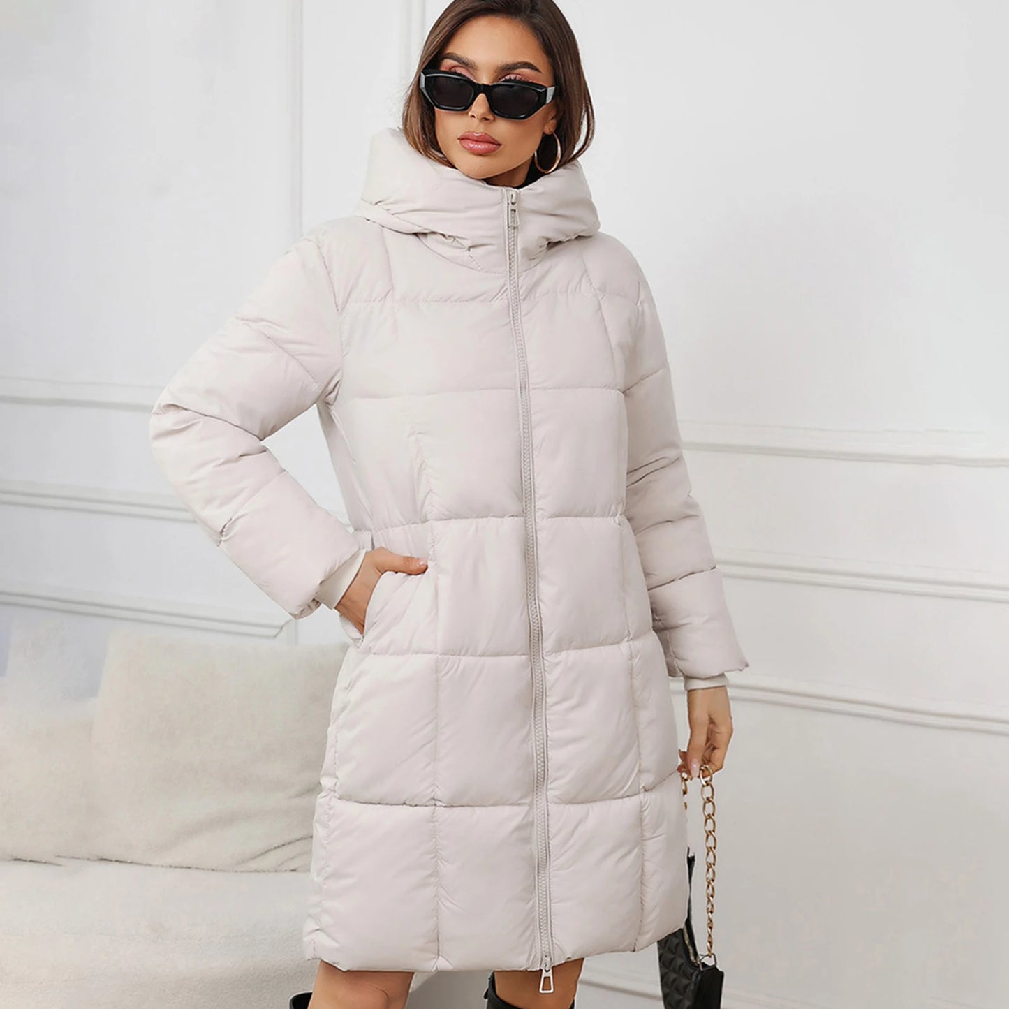 Abrigo largo de invierno para mujer — chaqueta acolchada casual, corte slim, con capucha desmontable, estilo oversize y disponible en tallas grandes hasta 5XL. 🧥❄️
