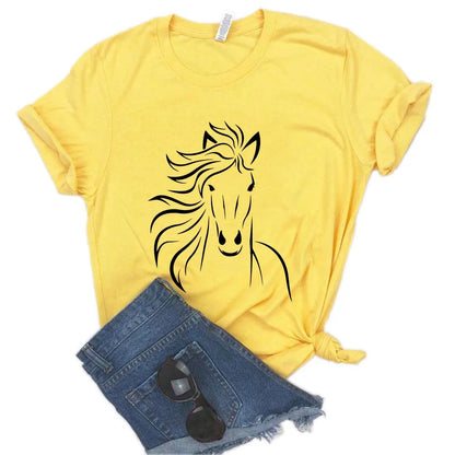 Camiseta de mujer con estampado de caballos, manga corta, cuello redondo, corte ancho y cómodo, ideal para uso casual