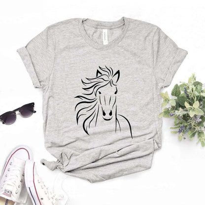 Camiseta de mujer con estampado de caballos, manga corta, cuello redondo, corte ancho y cómodo, ideal para uso casual