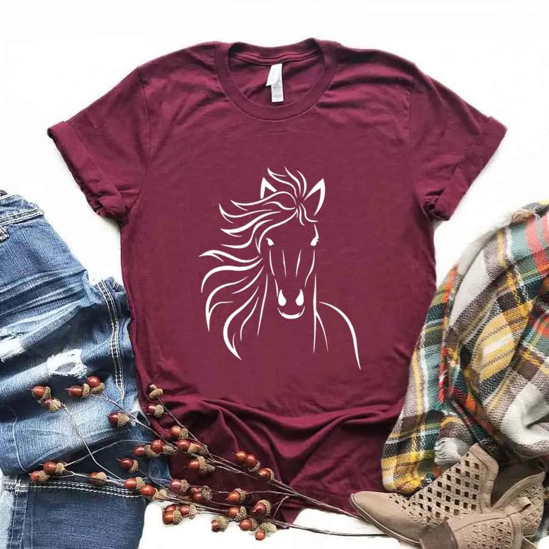 Camiseta de mujer con estampado de caballos, manga corta, cuello redondo, corte ancho y cómodo, ideal para uso casual