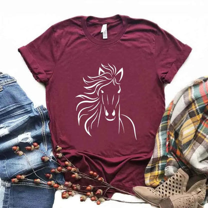Camiseta de mujer con estampado de caballos, manga corta, cuello redondo, corte ancho y cómodo, ideal para uso casual