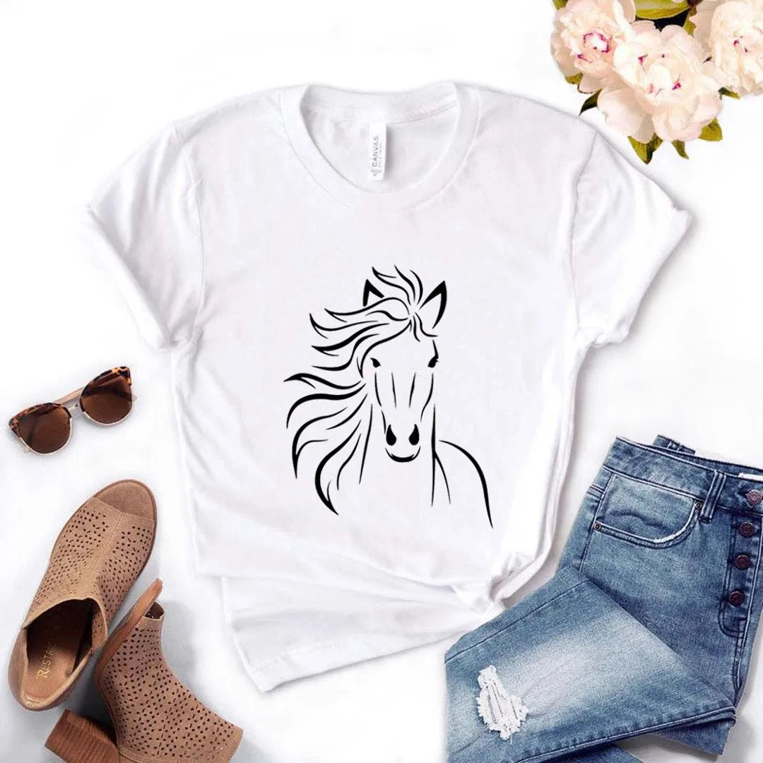Camiseta de mujer con estampado de caballos, manga corta, cuello redondo, corte ancho y cómodo, ideal para uso casual