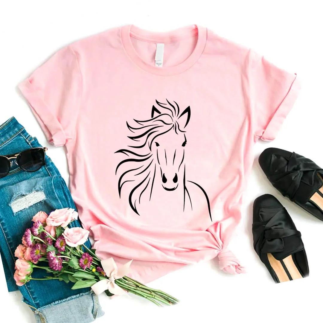 Camiseta de mujer con estampado de caballos, manga corta, cuello redondo, corte ancho y cómodo, ideal para uso casual