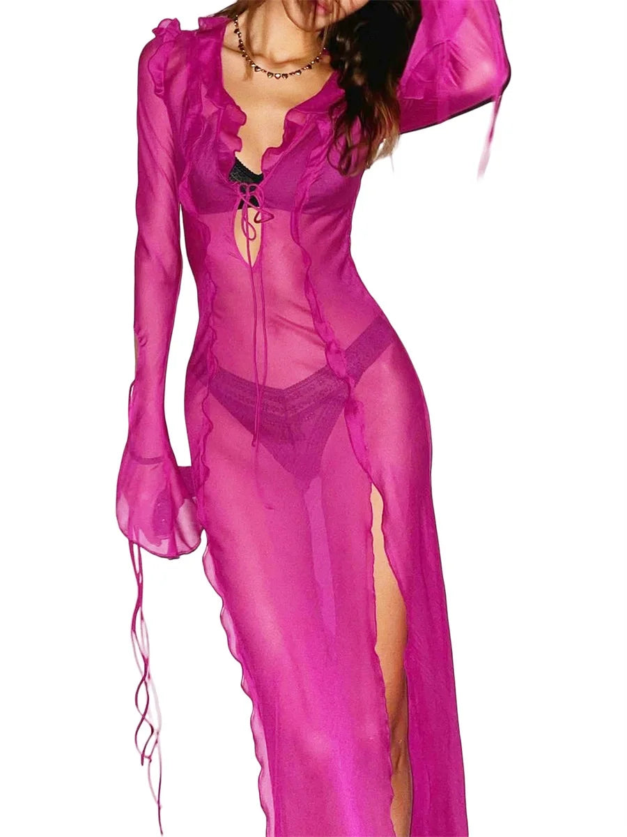 Vestido Largo para Mujer – Malla Transparente, Ajustado al Cuerpo, Vestido de Playa