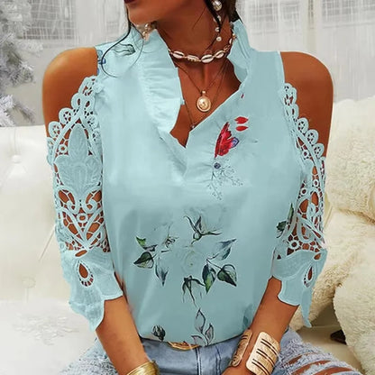 Top feminino de verão, casual e sensual, com detalhe vazado e estampado floral, blusa elegante para mulher com decote em V, mangas curtas em renda, camisa/blusa feminina, modelo 19361.