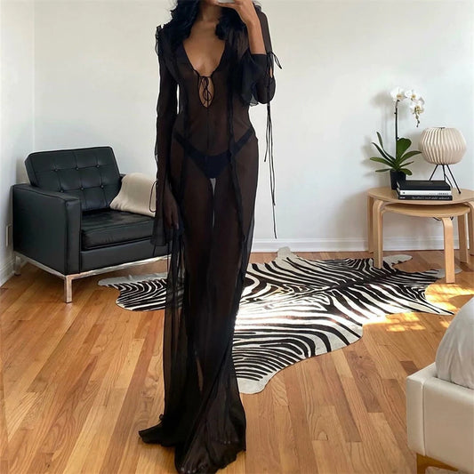 Vestido Largo para Mujer – Malla Transparente, Ajustado al Cuerpo, Vestido de Playa