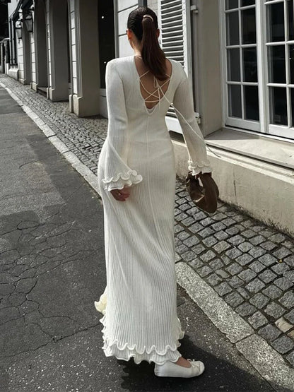 Vestido Largo Elegante de Mujer con Espalda Ajustable con Cintas, Color Sólido – Estilo Casual, Streetwear, Fiesta y Club