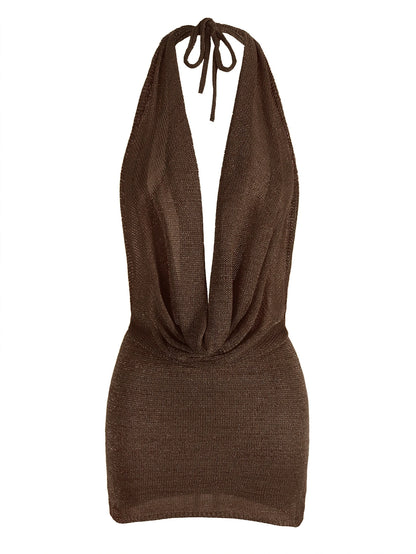 Vestido mini de praia para mulher, modelo 2026, sexy, com decote profundo em V, tecido tipo seda brilhante, malha (knit), costas descobertas