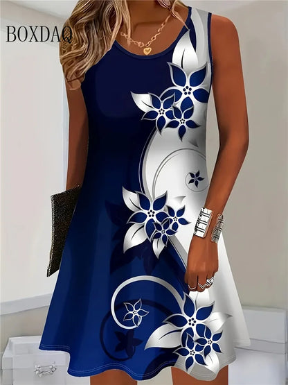 Vestido de verão 2026 sem mangas, casual, com estampado floral