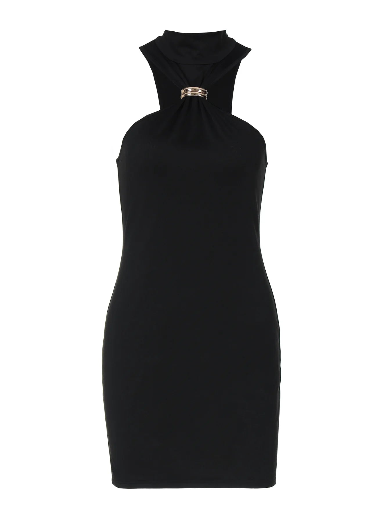 Vestido justo de cintura subida com fivela metálica, cor lisa, ombros descobertos