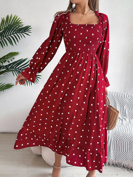 Vestido largo de lunares para primavera y verano, con borde ondulado