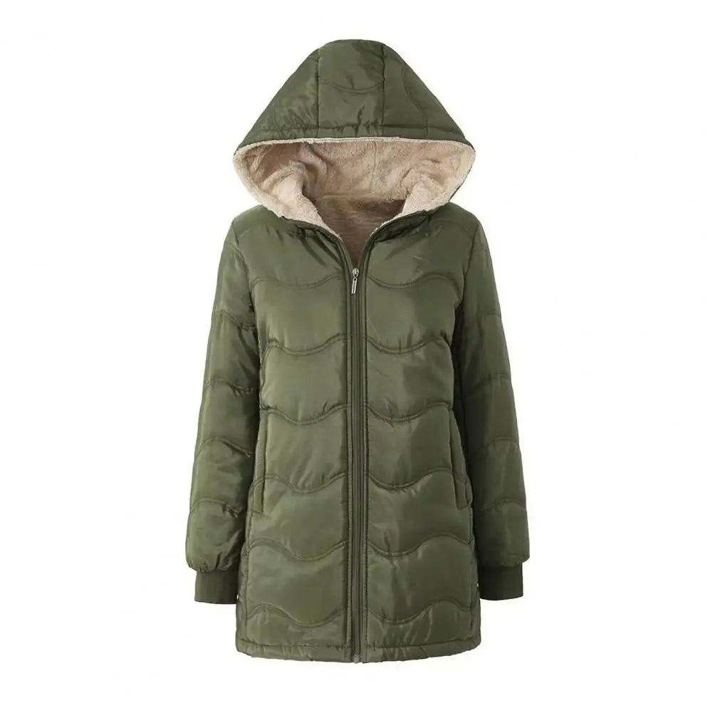 Casaco comprido acolchoado para mulher, casaco grosso de inverno com forro polar, parka acolchoada corta-vento e quente, com fecho e capuz