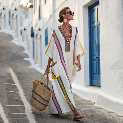 Vestido de praia Maxi Boémio Feminino com Bolsos e Decote em V