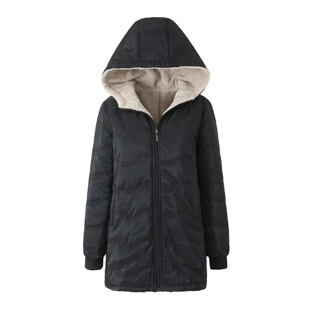 Casaco comprido acolchoado para mulher, casaco grosso de inverno com forro polar, parka acolchoada corta-vento e quente, com fecho e capuz