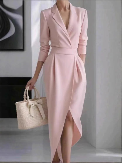 Elegant dress — modern fall and winter design, blazer collar, long sleeves, fitted cut, and asymmetrical hem. ✨👗
