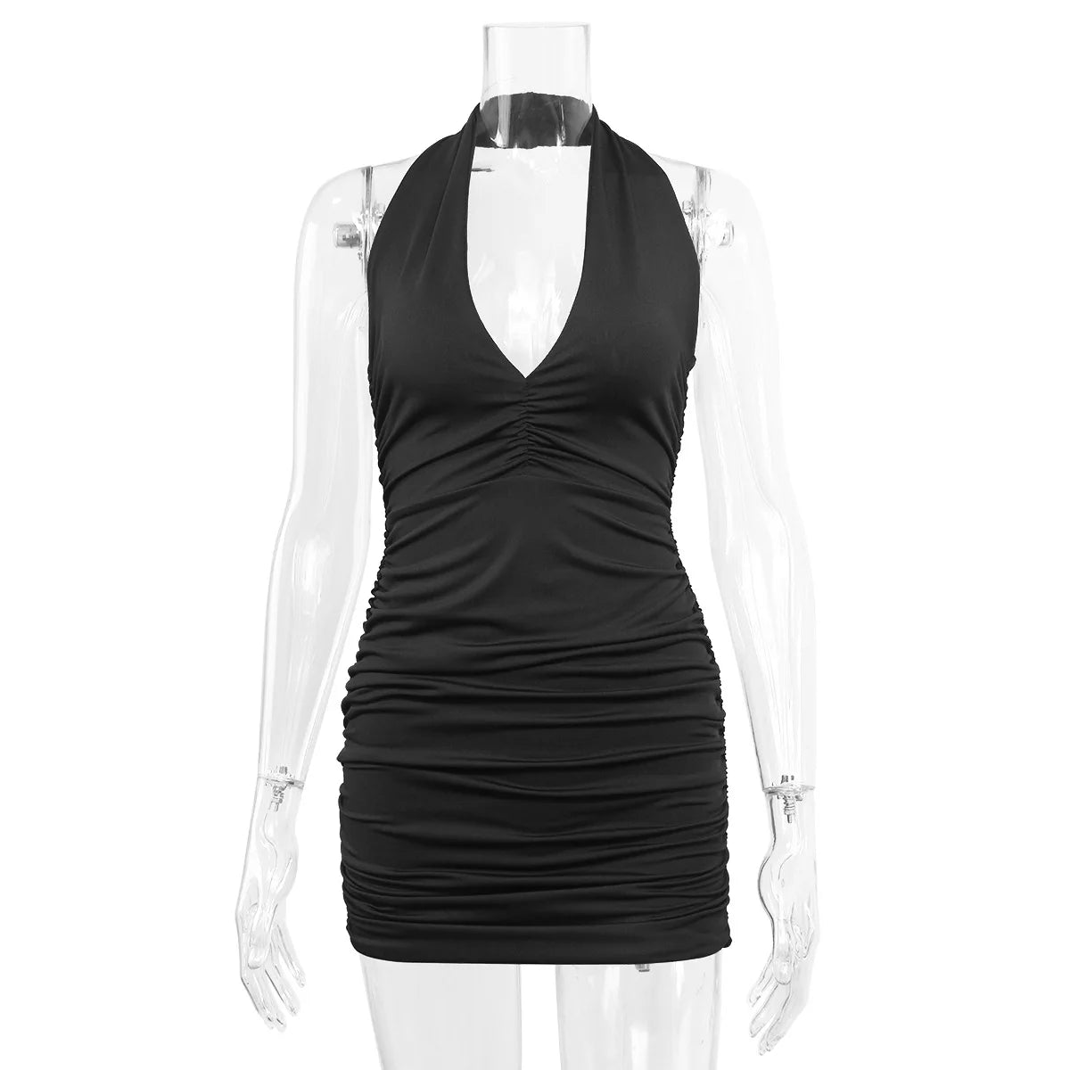 Vestido Bodycon Sexy com Decote Profundo em V e Pescoço Halter – Estilo Elegante