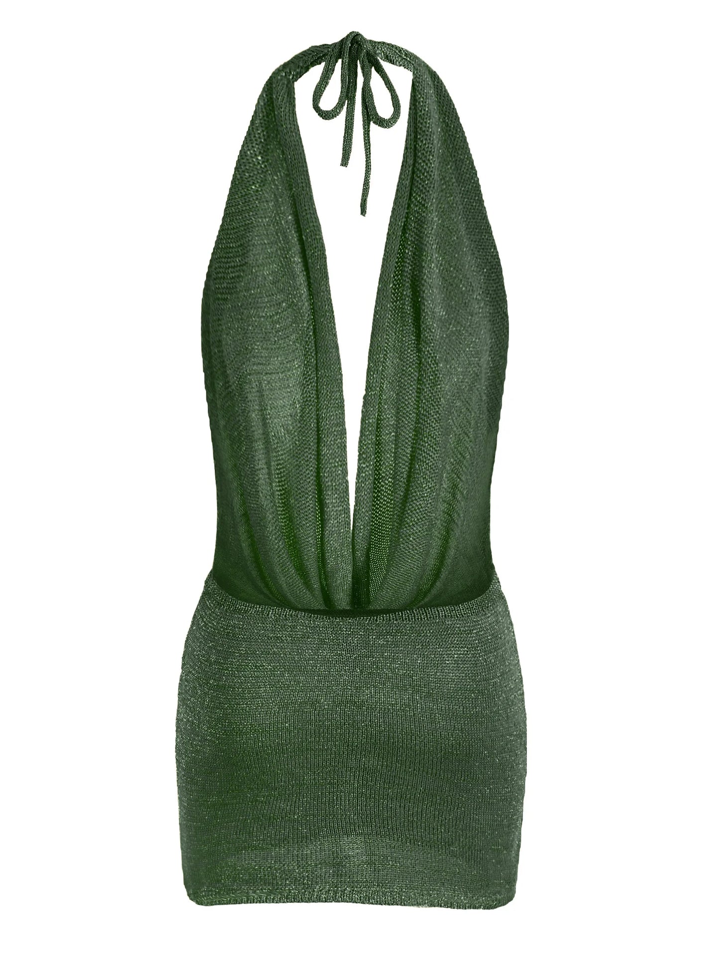 Vestido mini de praia para mulher, modelo 2026, sexy, com decote profundo em V, tecido tipo seda brilhante, malha (knit), costas descobertas