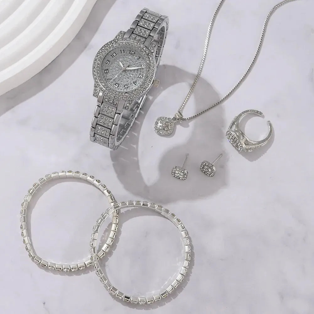 Reloj Elegante para Mujer – Set de 6 Piezas con Pulseras de Aleación y Cristales