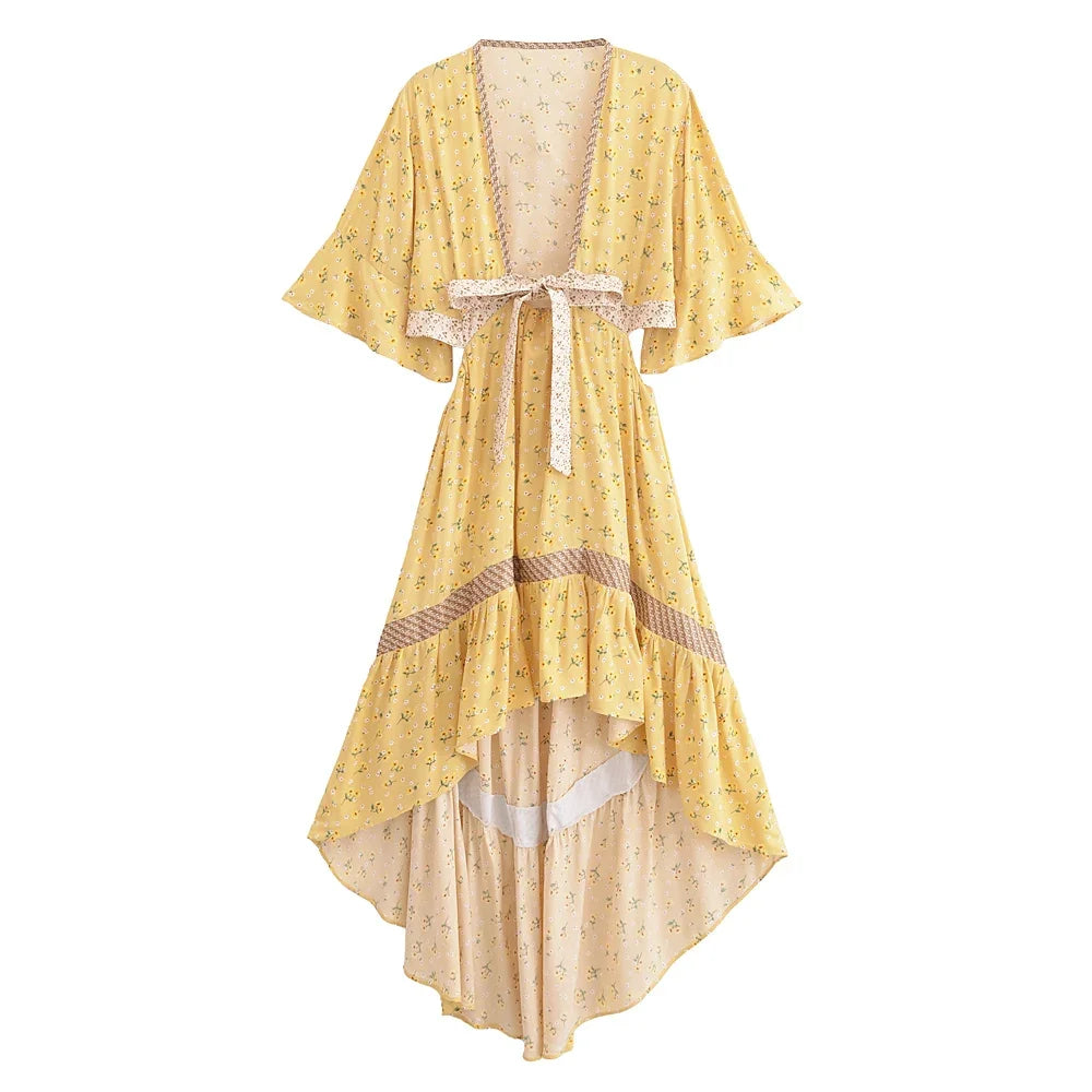 Vestido Boho Queens, com recortes (hollow out), sexy, ideal para praia, com mangas curtas, corte assimétrico