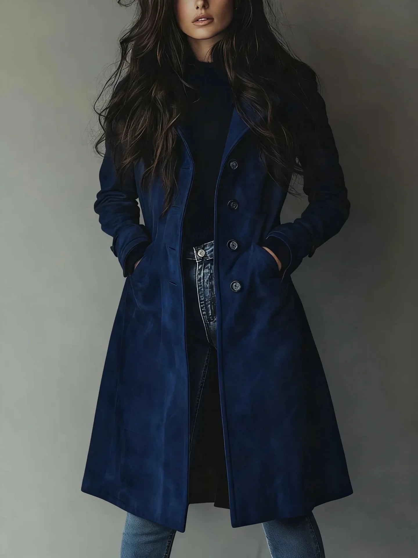 Women's long western-style trench coat, ideal for autumn and winter, with a turn-down collar