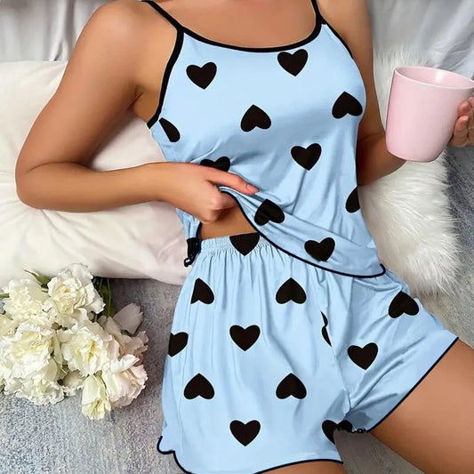Conjunto de Pijama para Mujer – Camiseta y Shorts con Estampado de Corazones Rosas
