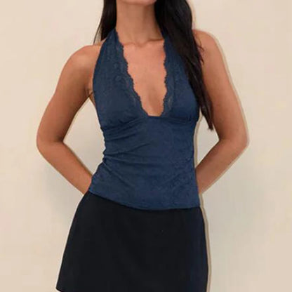 🌸 Top Crop de Encaje Coquette para Mujer – Escote Bajo en V, Halterneck con Lazo, Espalda Descubierta y Ajuste Slim