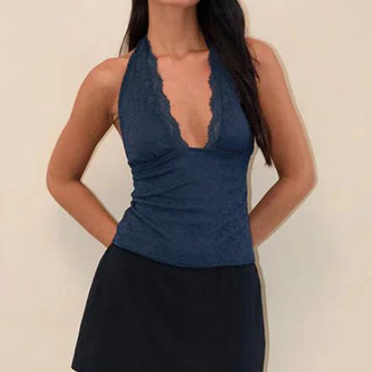 🌸 Top Crop de Encaje Coquette para Mujer – Escote Bajo en V, Halterneck con Lazo, Espalda Descubierta y Ajuste Slim