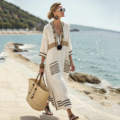 Vestido de praia Maxi Boémio Feminino com Bolsos e Decote em V