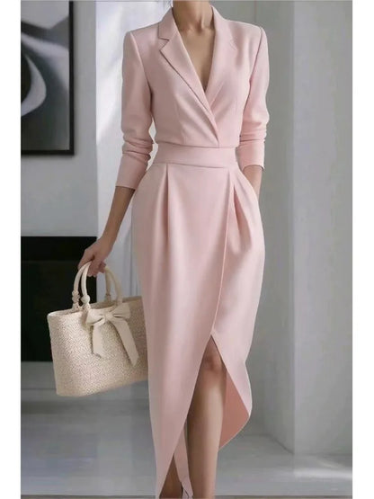 Elegant dress — modern fall and winter design, blazer collar, long sleeves, fitted cut, and asymmetrical hem. ✨👗
