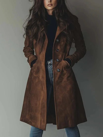 Women's long western-style trench coat, ideal for autumn and winter, with a turn-down collar