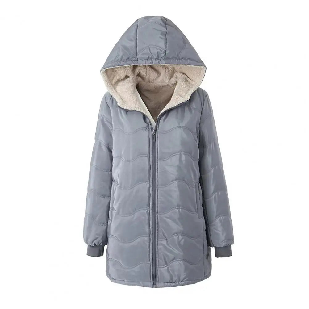 Casaco comprido acolchoado para mulher, casaco grosso de inverno com forro polar, parka acolchoada corta-vento e quente, com fecho e capuz
