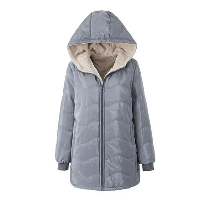 Casaco comprido acolchoado para mulher, casaco grosso de inverno com forro polar, parka acolchoada corta-vento e quente, com fecho e capuz
