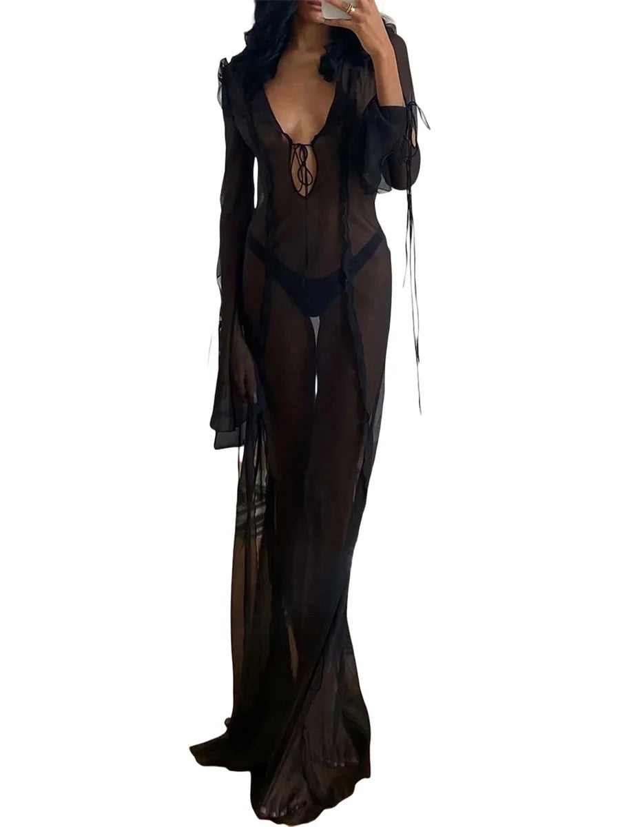 Vestido Largo para Mujer – Malla Transparente, Ajustado al Cuerpo, Vestido de Playa