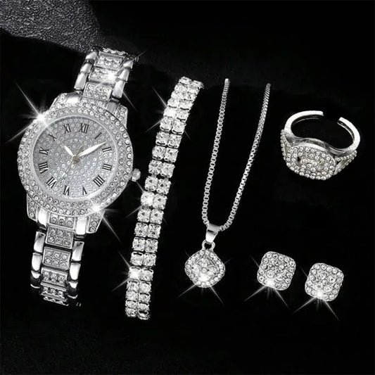Reloj Elegante para Mujer – Set de 6 Piezas con Pulseras de Aleación y Cristales