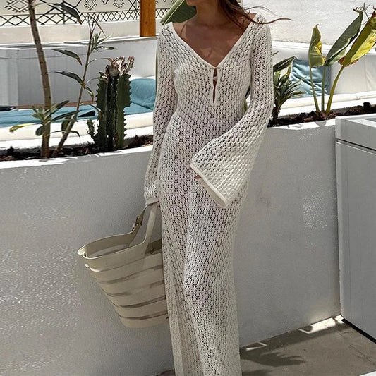 🌟 Vestido Elegante de Punto para Mujer – Manga Acampanada de Crochet, Escote en V Bajo, Espalda Descubierta, Estilo Playa y Fiesta