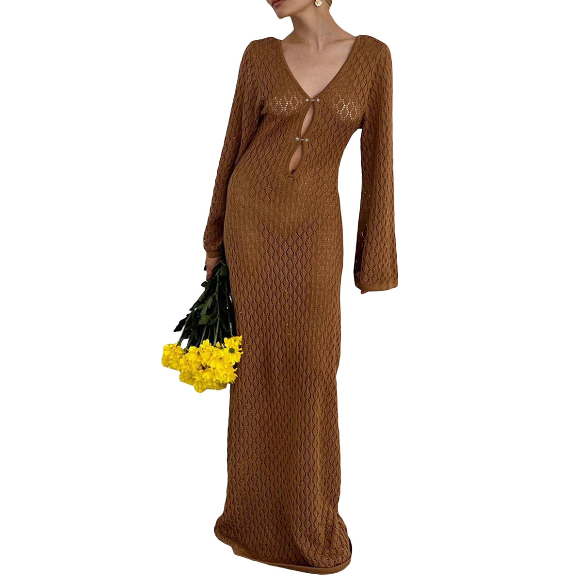 🌟 Vestido Elegante de Punto para Mujer – Manga Acampanada de Crochet, Escote en V Bajo, Espalda Descubierta, Estilo Playa y Fiesta