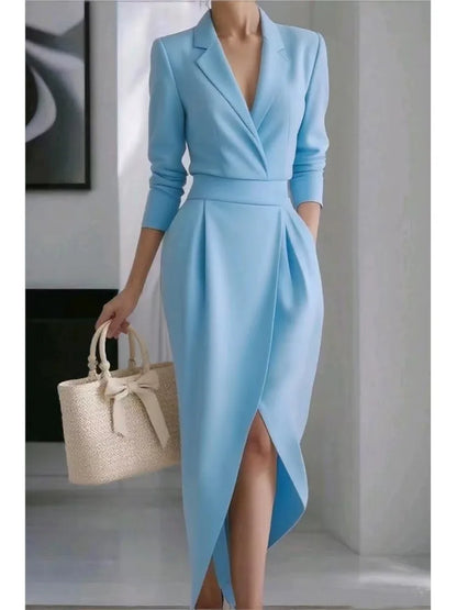 Elegant dress — modern fall and winter design, blazer collar, long sleeves, fitted cut, and asymmetrical hem. ✨👗