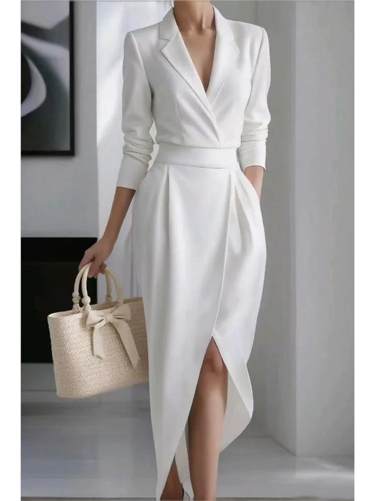 Elegant dress — modern fall and winter design, blazer collar, long sleeves, fitted cut, and asymmetrical hem. ✨👗